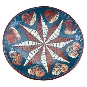Eldreth Pottery Redware Plate 2000 Signed Folk Art Star Hearts Blue Red 8.5"